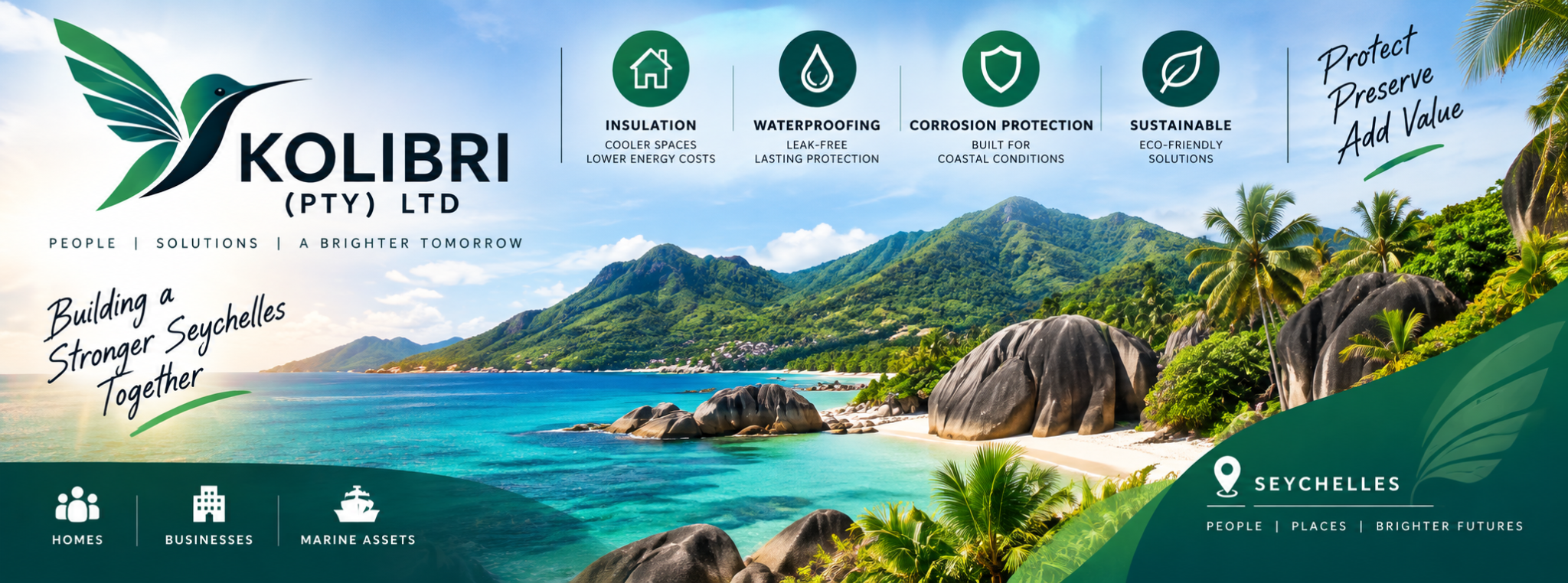 KOLIBRI hummingbird branding and Seychelles coast — insulation, waterproofing and corrosion protection
