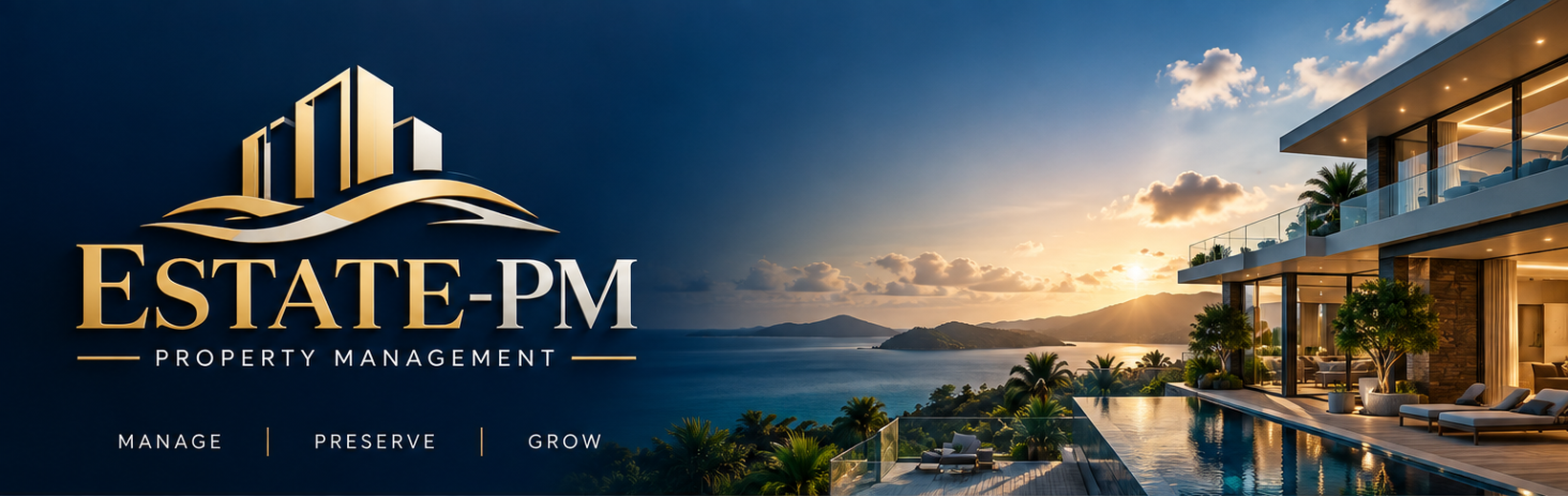 Estate-PM Property Management. Manage, preserve, grow. Gold architectural logo beside a coastal property at sunset.